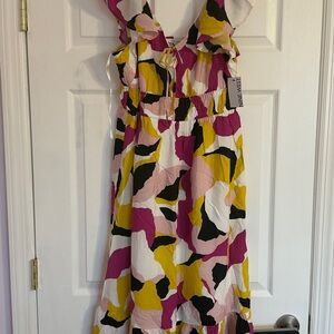 Nine West Pink and Yellow Abstract Midi Dress